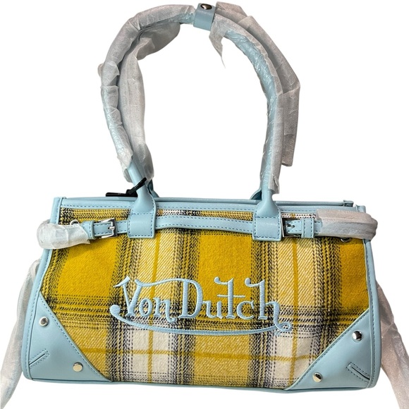 Von Dutch Lane Blue and Yellow Plaid Shoulder Bag - Picture 2 of 8